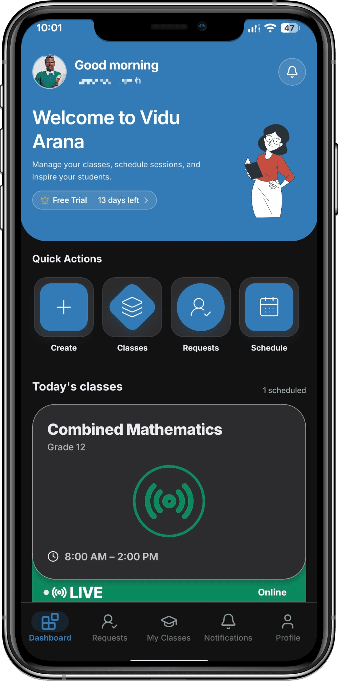Vidu Arana student and teacher app screens